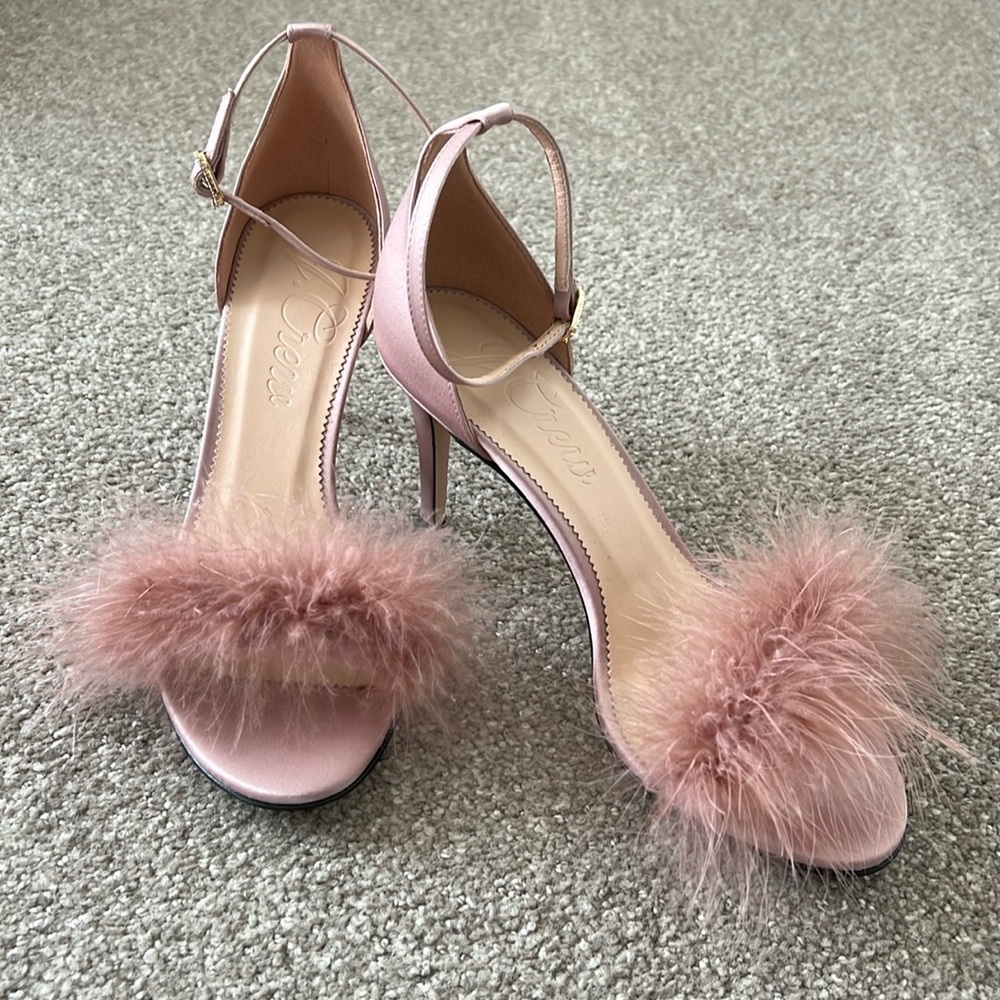 J CREW blush satin feather sandals heels 9.5 New